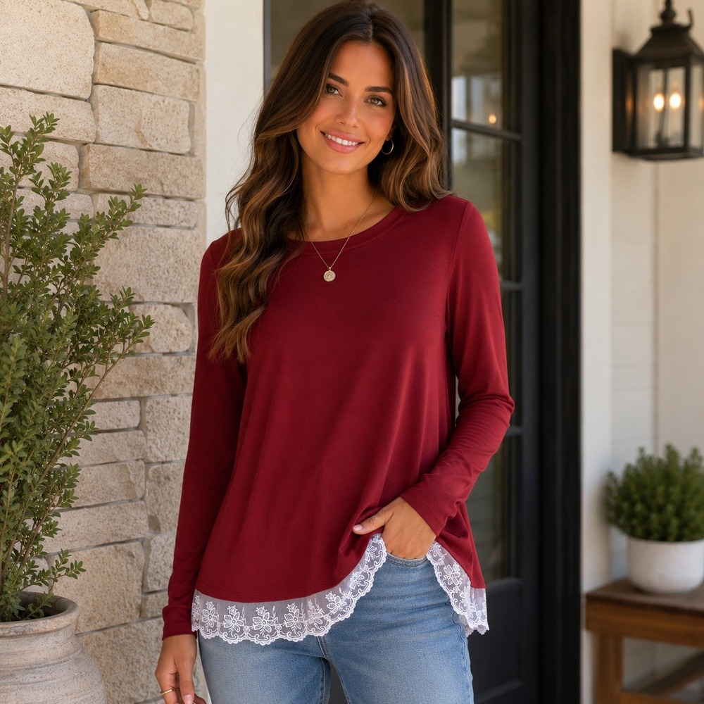 NWT Sanifer Womens Maroon Long Sleeve Tunic Top‎ White Floral Lace Trim Hem